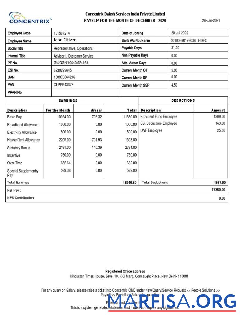 Downloadable India Concentrix Daksh Services India private Limited payslip real example